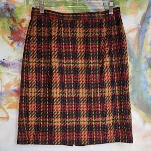 Retro Chic Plaid Pencil Skirt - Black, Red, and Gold 100% Wool.